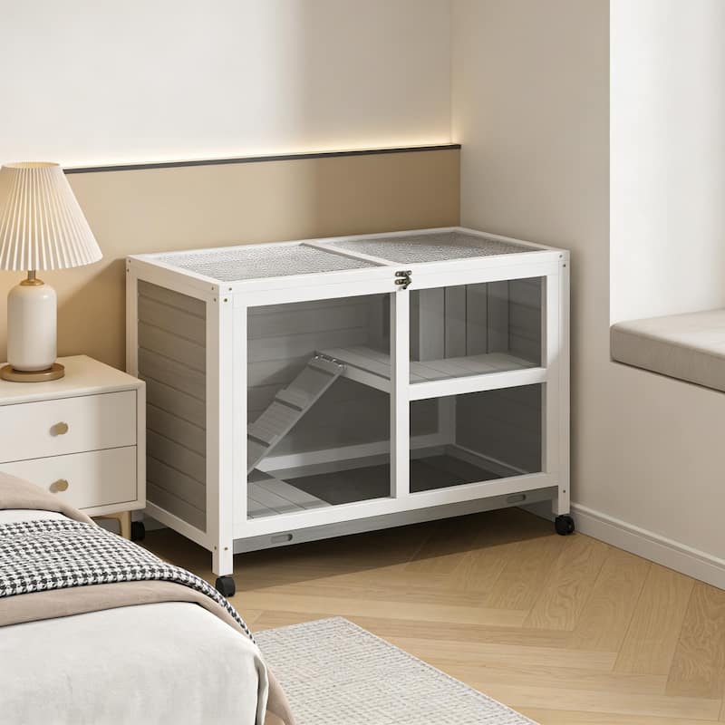 Bunny Cage with Wheels,Small Rabbit Hutch,Spacious Pet House is designed for convenient cleaning - Gray,White