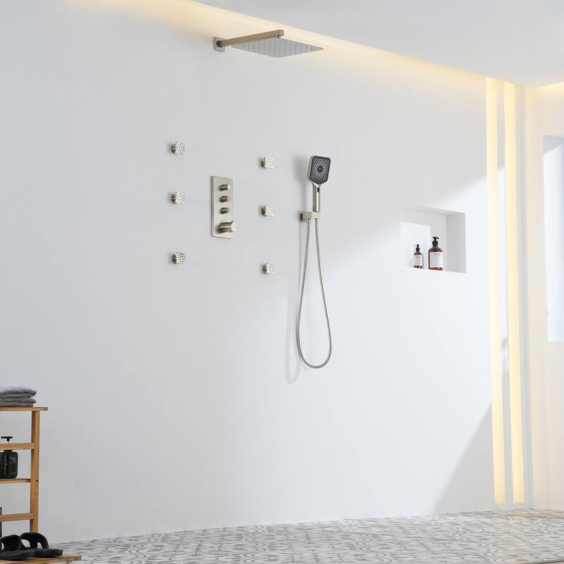 3-Function 12-Inch Wall-Mounted Thermostatic Shower System in Brushed Nickel