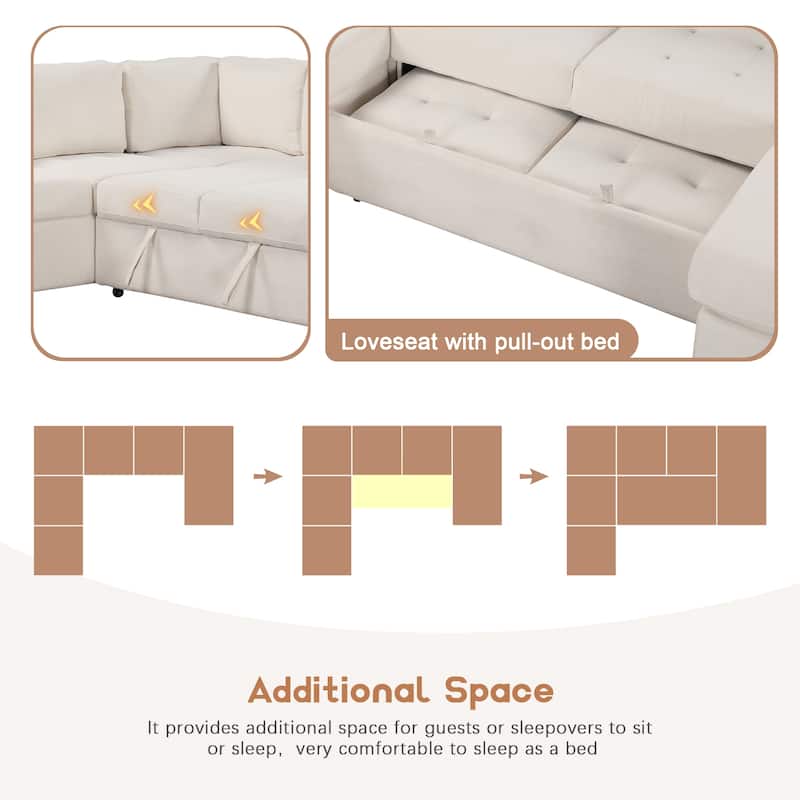 Beige 108.3" U-Shape Sectional Sofa with Pull-Out Bed