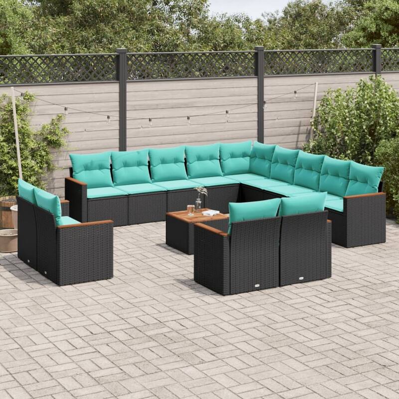 vidaXL 13 Piece Patio Sofa Set with Cushions Black Poly Rattan - 21.7x27.2x24.4-With table