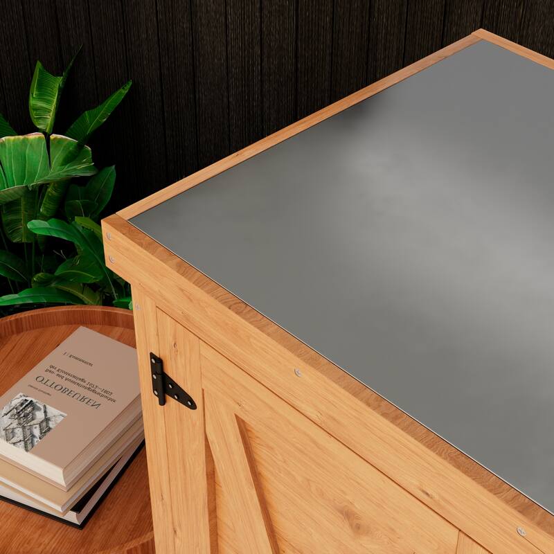 Wooden Patio Furniture with Metal-Tabletop, Potting Bench with Storage Cabinet, Outdoor Patio Storage Cabinet with Shelves