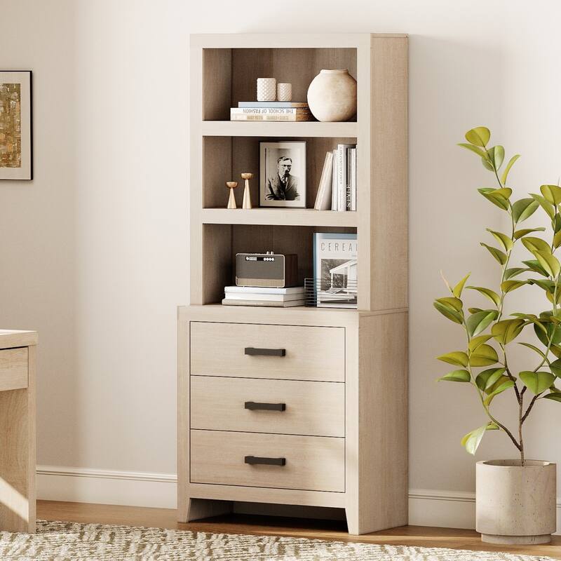 3-Tier Bookshelf with 3 Large Drawers, 74" Tall Farmhouse Bookcase with Wide Metal Handles, for Living Room, Office, Library - 31" Wide - Beige