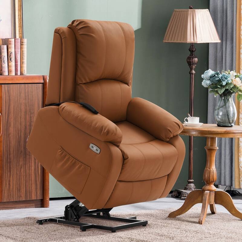 MCombo Small Sized Power Lift Recliner Chair with Massage and Heat, USB Ports, Faux Leather 7409 - Tawny
