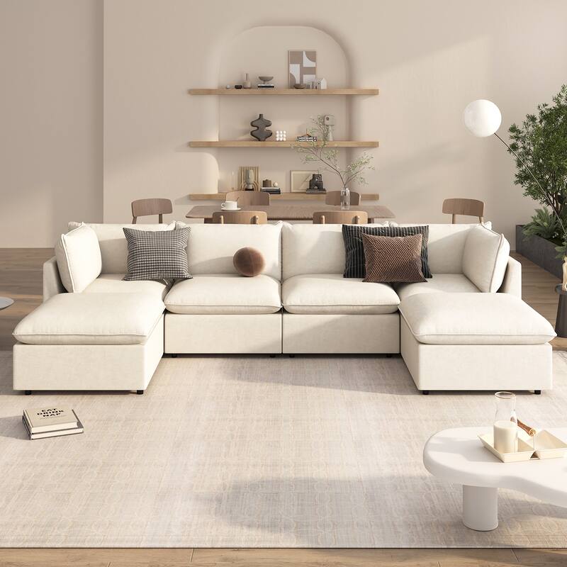 U-Shape Sectional Sofa Upholstered Couch with Removable Cushions and Solid Wood Frame, Modular Sofa 2 with Movable Ottoman