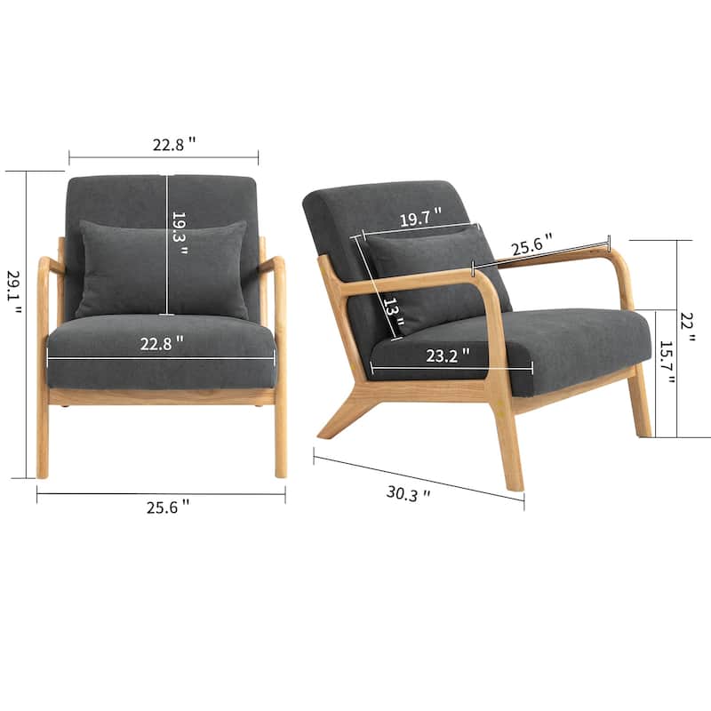 Mid Century Modern Accent Chair with Wood Frame, Upholstered Living Room Chairs with Waist Cushion, Reading Armchair