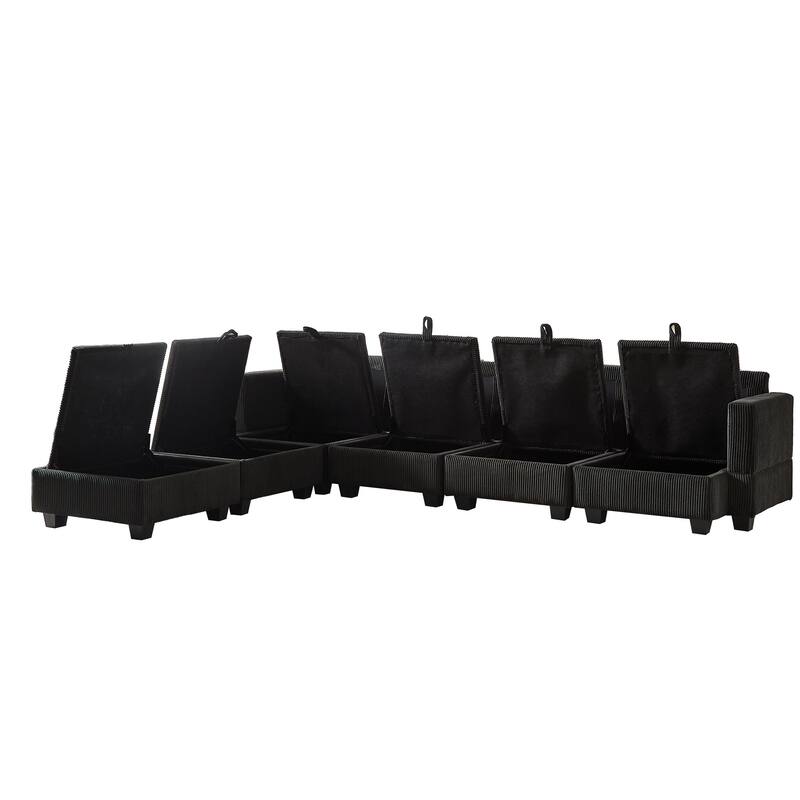 113.5" Corduroy U-Shaped Sectional Sofa with Storage Ottoman, 6-Seat Modular Design and Convertible Chaise