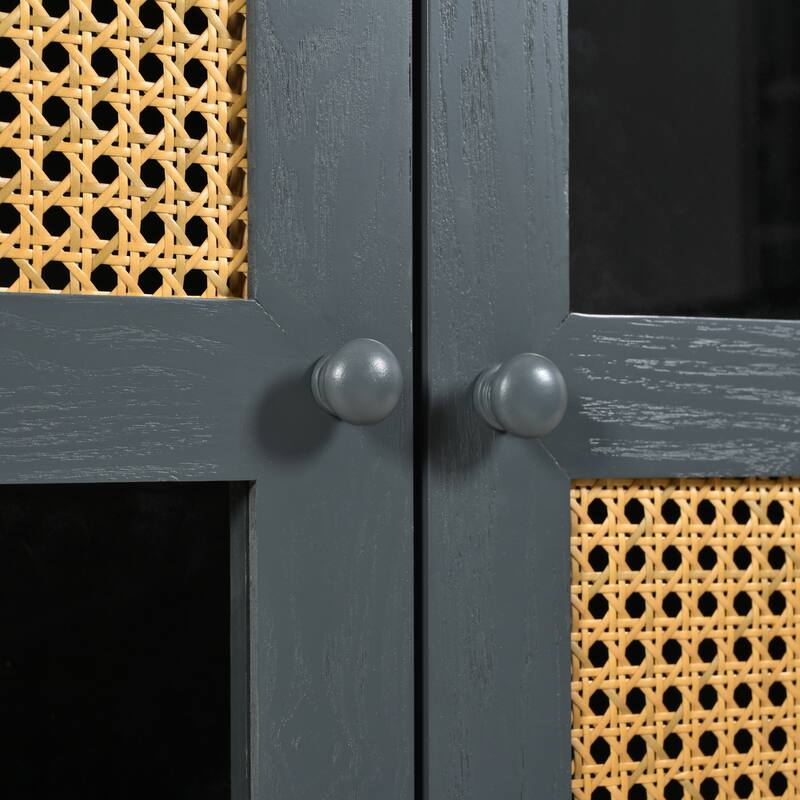 4-Door Sideboard with Large Storage Space Artificial Rattan Doors and Transparent Glass, for Dining Room Living Room