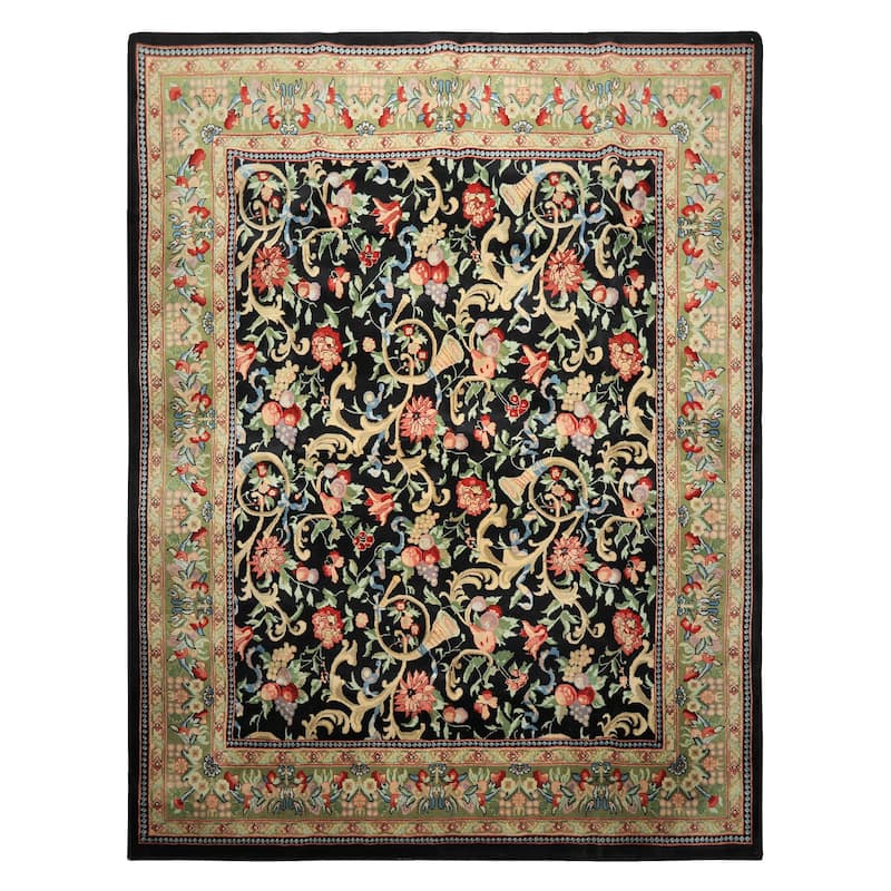7'10''x9'10'' Hand Knotted Wool Black French Aubusson Savonnerie Asmara Rug - 7' 10'' x 9' 10'' - 7' 10'' x 9' 10''