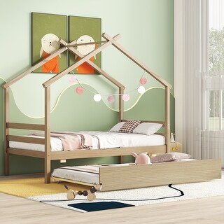 Natural Twin Size Pine Wood House-shaped Bed with Trundle and Roof for Kids, Boys and Girls