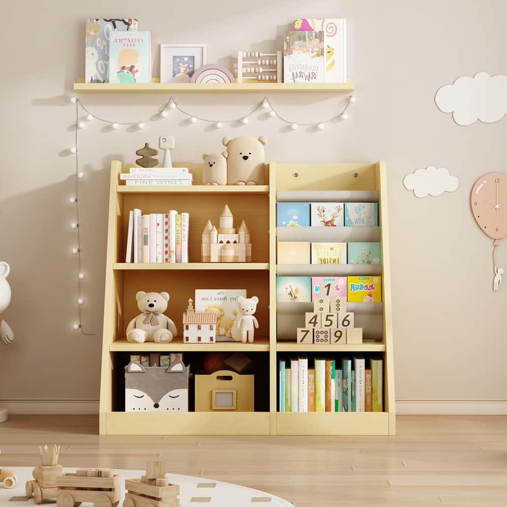 Wooden Toy Storage Organizer Cabinet Natural/ Wood Kids Bookshelf Children Bookcase Toddler Baby Sling Book Rack Shelf