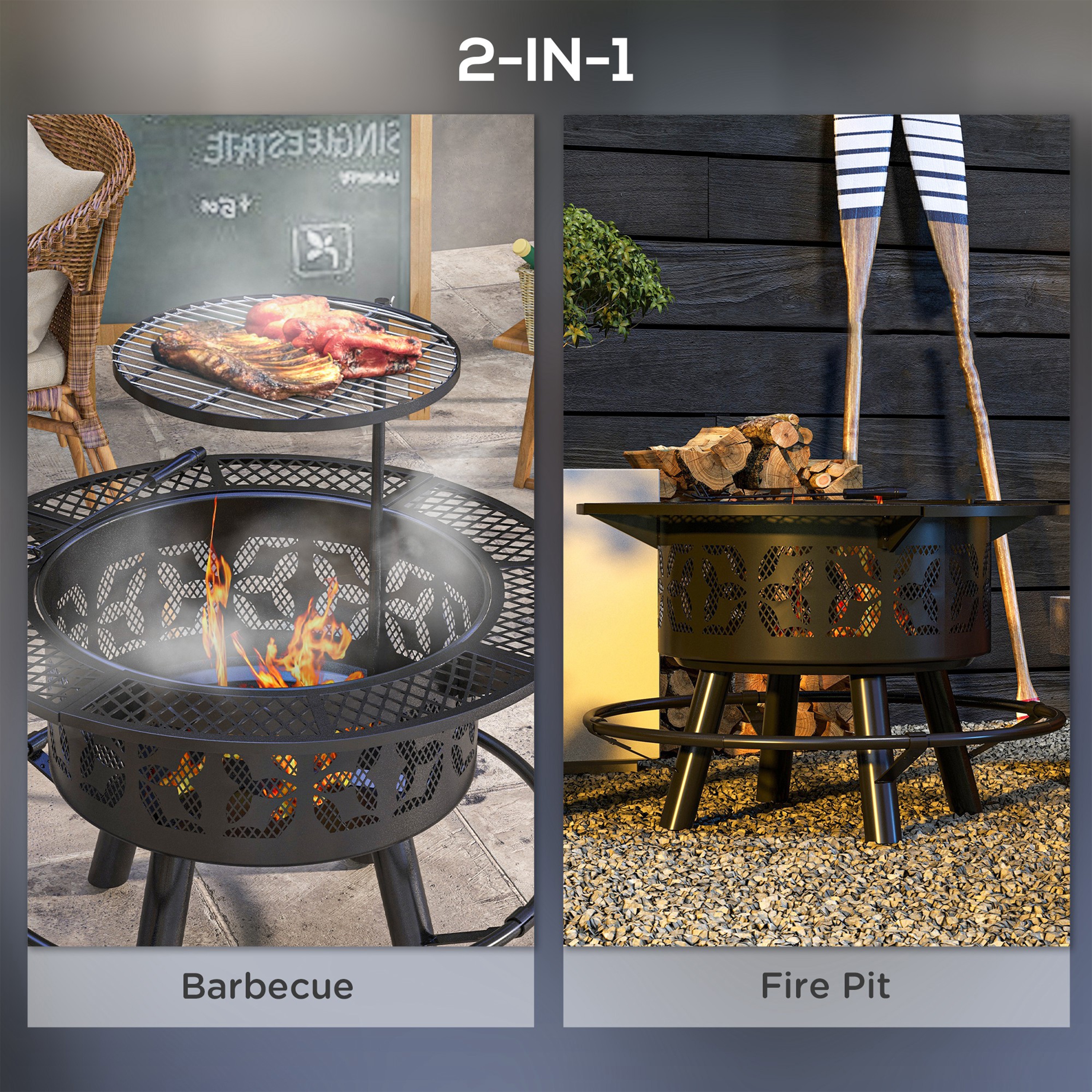 CUSchoice Black Portable 33 Fire Pit BBQ Grill with Adjustable Grate Accessories 33 Dia. x 33 H Steel Assembly Required