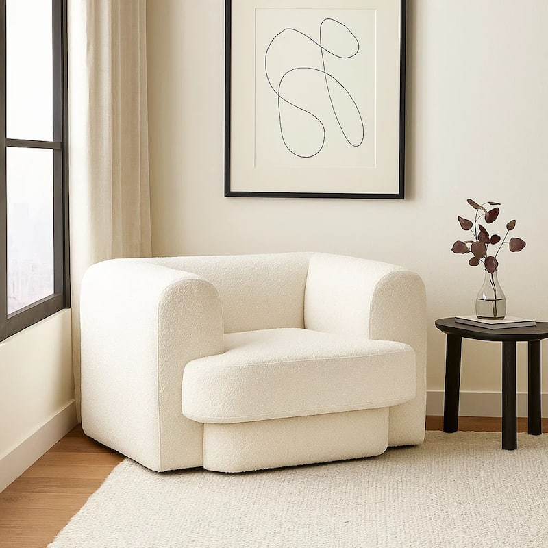 Foxo Retro Oversize Chair, Padded Ivory Velvet, 44 Inch Wide, Solid Wood