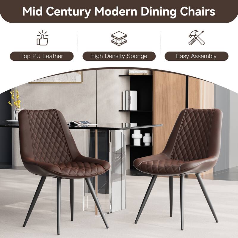 Modern Dining Chairs Set of 2, Top PU Leather Upholstered Dining Room Chairs with Metal Legs, Ergonomic Kitchen Chairs