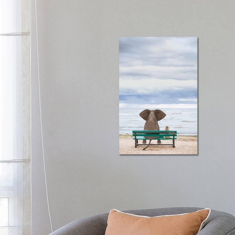 iCanvas "Elephant And Dog Sit On A Bench By The Sea II" by Mike Kiev Canvas Print - 26x18x1.5