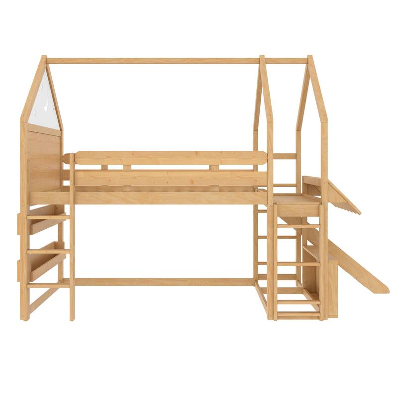 Twin Loft Bed with Slide, Bookshelf & House-Shaped Design for Kids