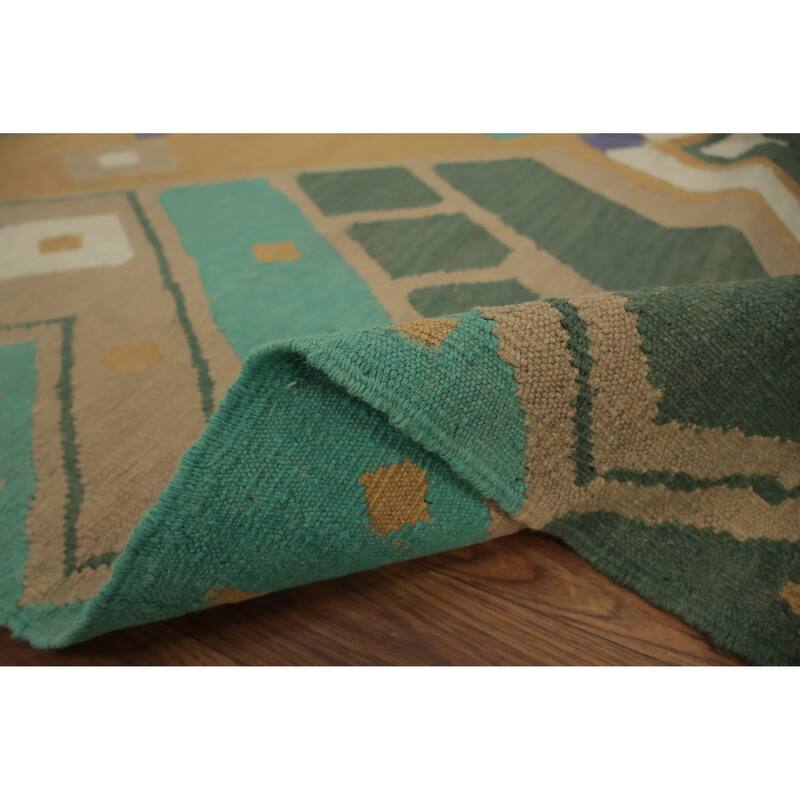 Hand Woven Oriental 100% Wool Carpet Southwestern Modern Green Kilim Area Rug - 9' 1'' X 5' 1''
