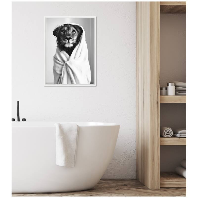 Kate and Laurel Sylvie Lioness Bathroom Art Towel Robe Black and White Framed Canvas by The Creative Bunch Studio