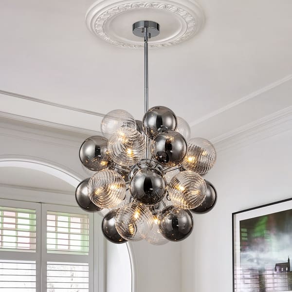 slide 2 of 12, 12-Light Modern Globe Glass Kitchen Island Pendant Sputnik Chandelier with Black Smoke Glass Globe - W24" W24"