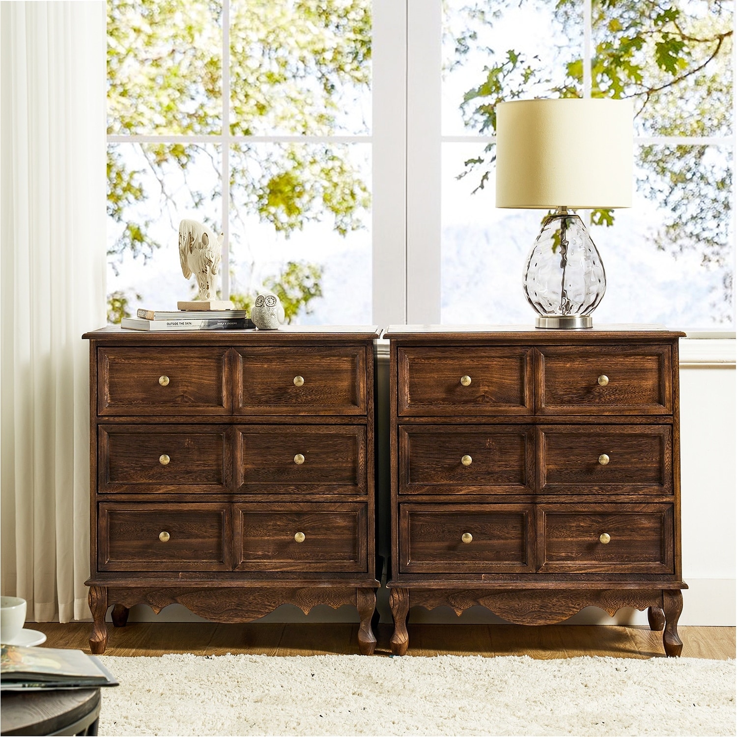 HULALA HOME Pallantium Farmhouse 30"Tall Distressed 3-Drawer Nightstand With Solid Wood Legs and Adjustable Feet Set Of 2