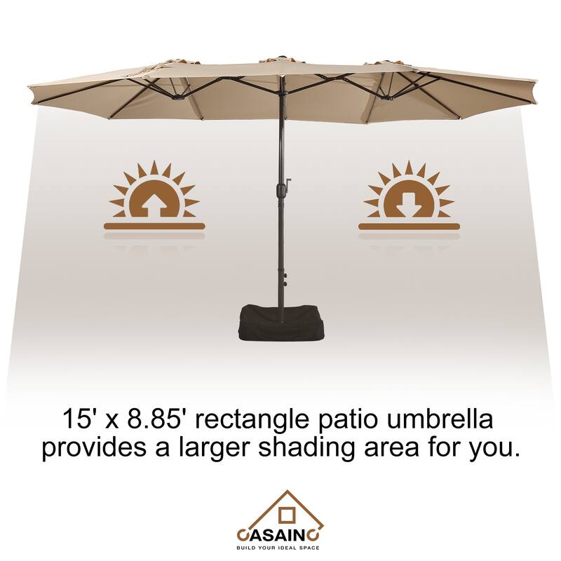 15-ft. Rectangular Crank Double-sided Large Outdoor Market Umbrella Patio Umbrella with Base Included