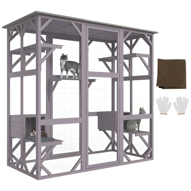 Gray Fir Wood Mesh Catio with 3 Tiers, 1 Door & Waterproof Roof