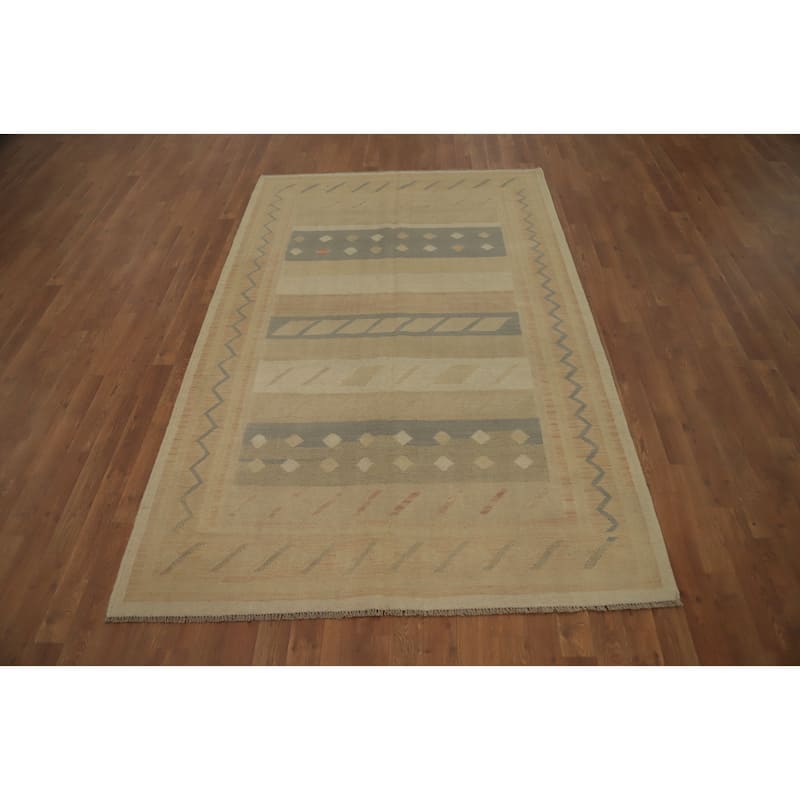 Hand Woven Oriental 100% Wool Carpet Southwestern Tribal Beige & Ivories Kilim Area Rug - 7' 7'' X 4' 11''