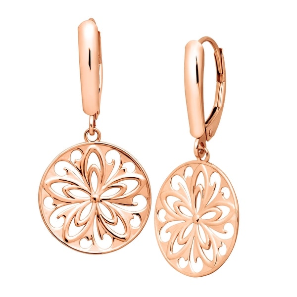 Just Gold Floral Medallion Drop Earrings in 14K Rose Gold - Pink