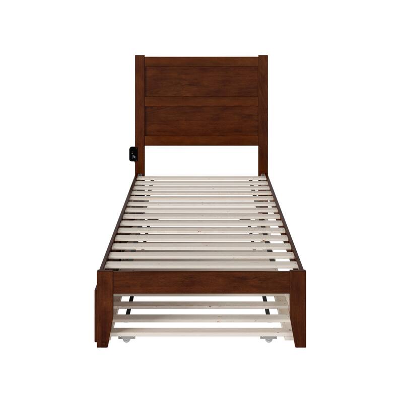 Twin XL Bed with Trundle & USB Ports - Modern Platform Bed Frame - Walnut Finish