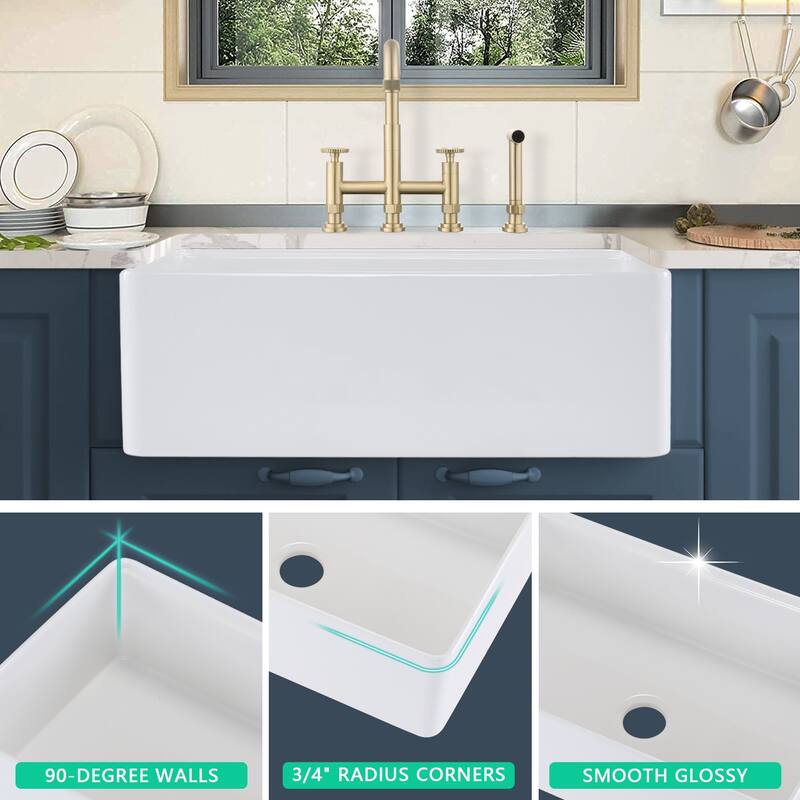 33" W X 20" D Fireclay Reversible Single Bowl Kitchen Farmhouse Sink with Accessories - 33" W X 20" D