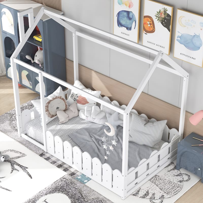 Twin House Bed with Door, Roof and Garden-style Fence, Kids Semi-Enclosed Play Area Wooden Floor Bed Frame