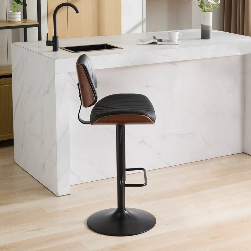 Mid-Century Modern Swivel Bar Stool - Walnut Finish & Faux Leather, Adjustable Counter Height