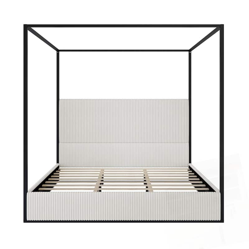 Modern Metal Canopy Bed with Tall Upholstered Headboard and Gold Four Poster