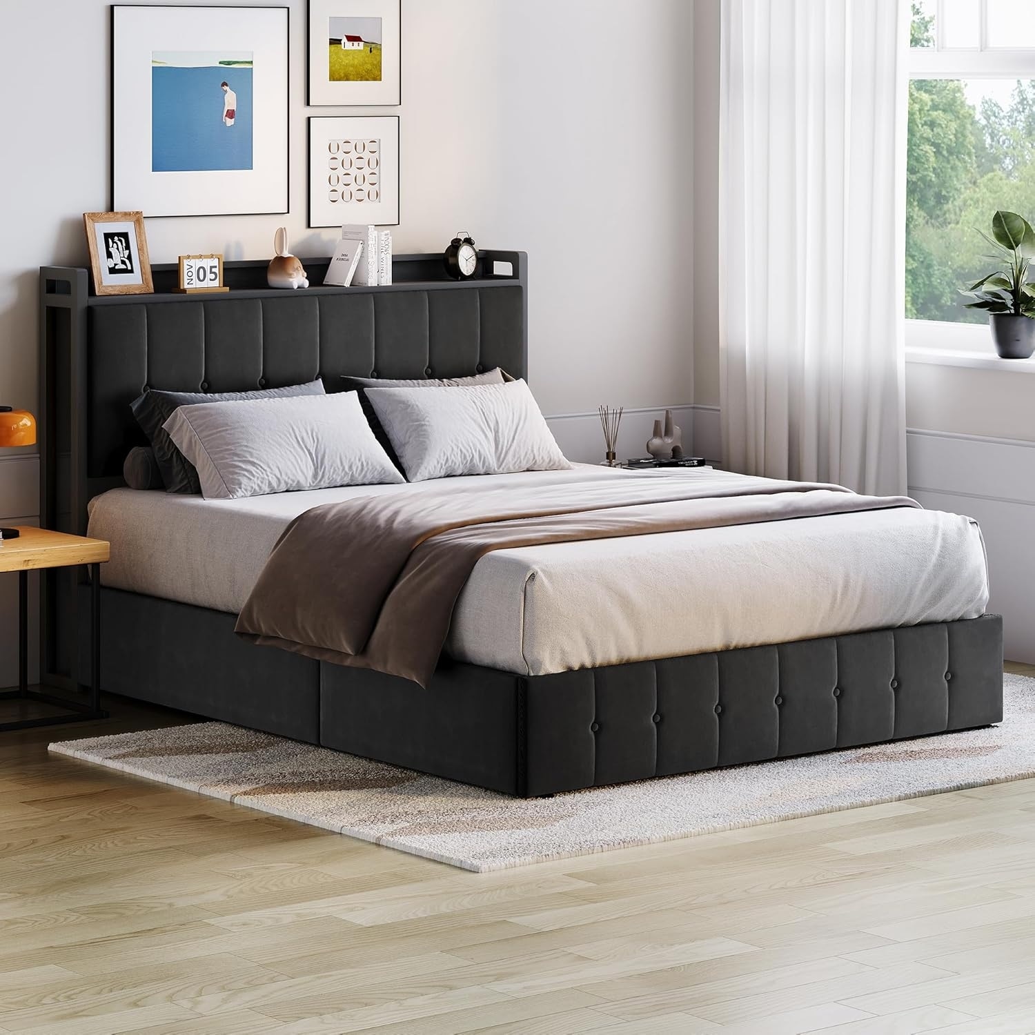Bed Frame with Lift Up Storage, Upholstered Velvet Platform Bed with Storage Headboard