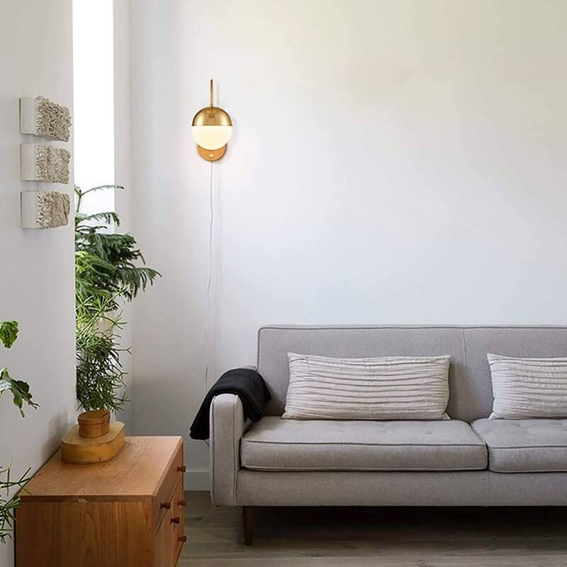 Modern Gold Wall Lamp Brass Finished Plug in Wall Light with Opal White Glass Shade Bathroom Vanity Sconce