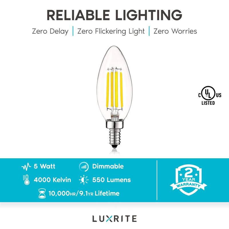 Luxrite Vintage Candelabra LED Bulb 60W Equivalent 550lm 4000K Cool White 5W Dimmable UL Listed E12 Base (24 Pack)