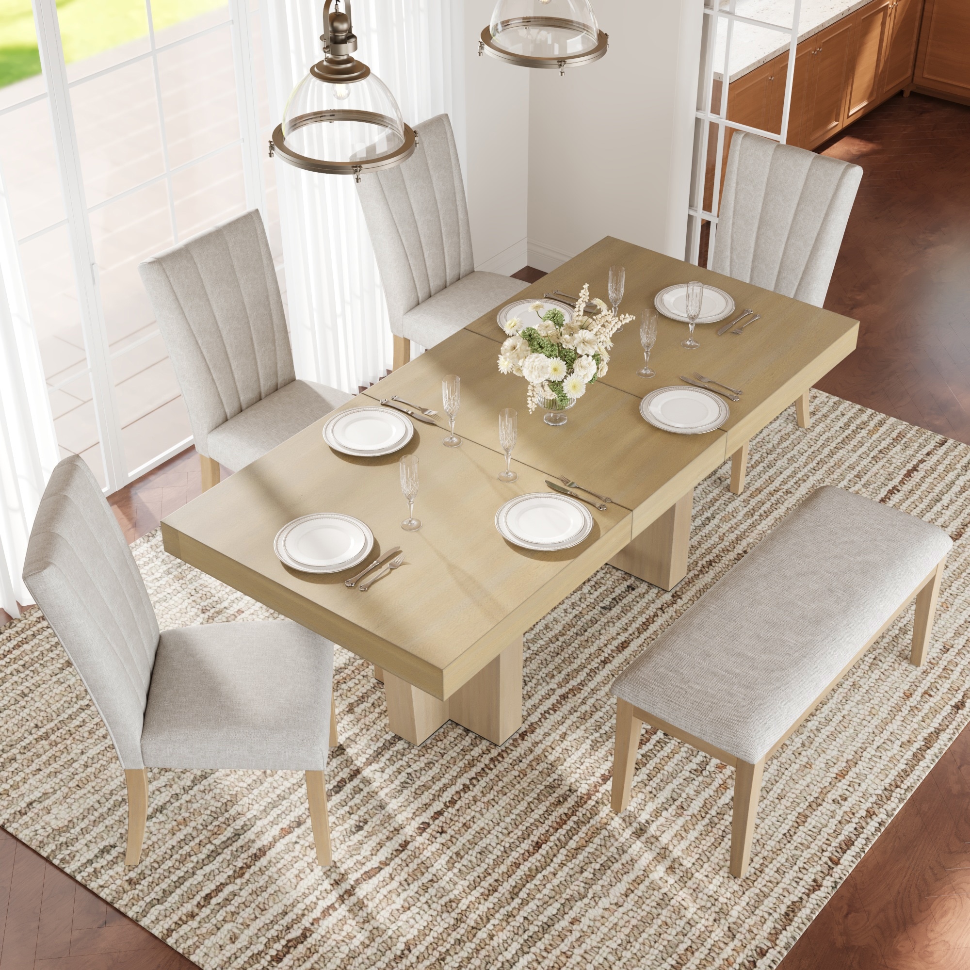 Wood Dining Table Set with Bench and 4 Upholstered Chairs