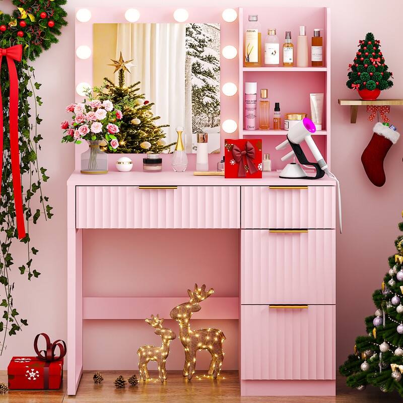 Particle Board Veneered with Textured Melamine 4-drawer 2-shelf with 10 Three-color Dimmable Bulbs Dressing Table - N/A