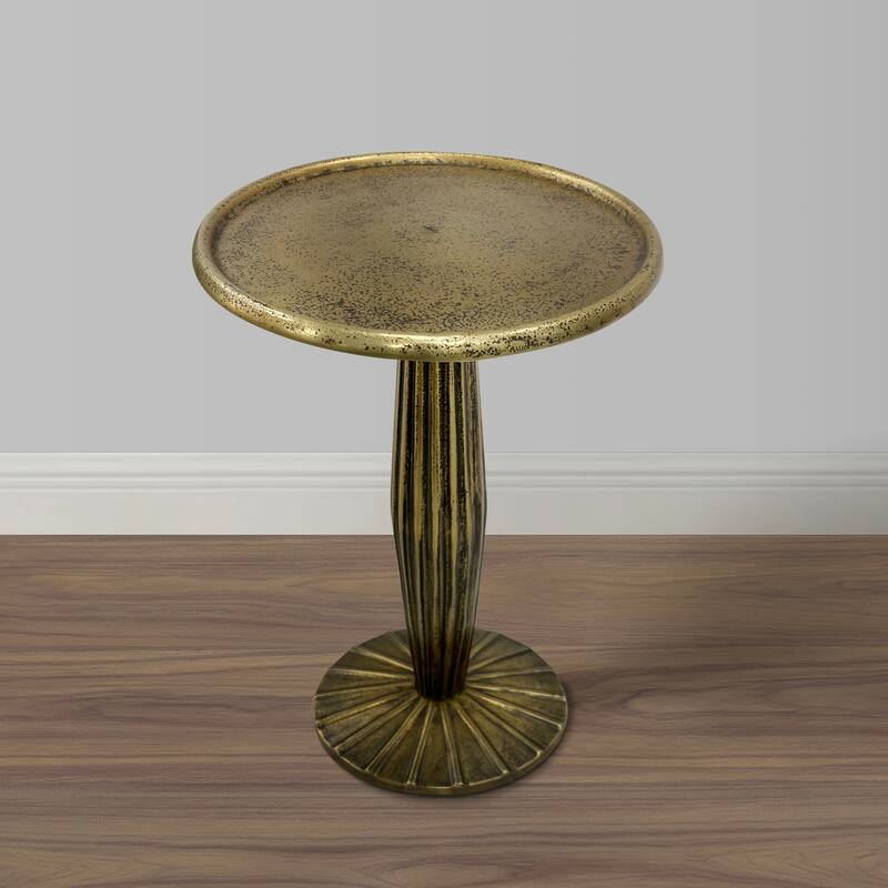 17 Inch Side End Drink Table, Fancy Fluted Base, Round Top Antique Brass