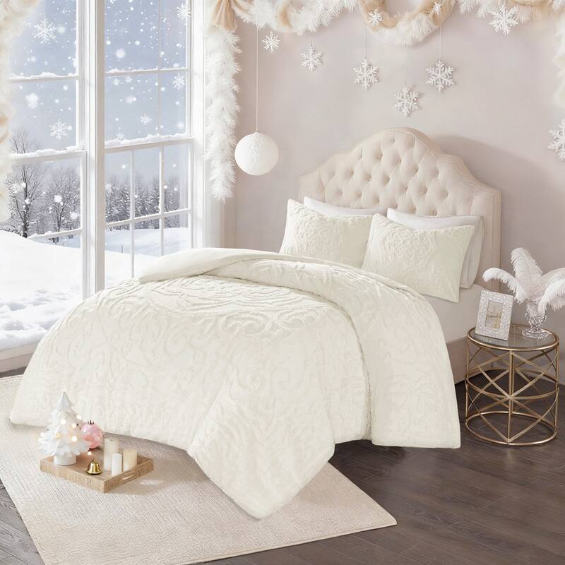 Madison Park Virginia Tufted Cotton Chenille Medallion Duvet Cover Set - Off White - King