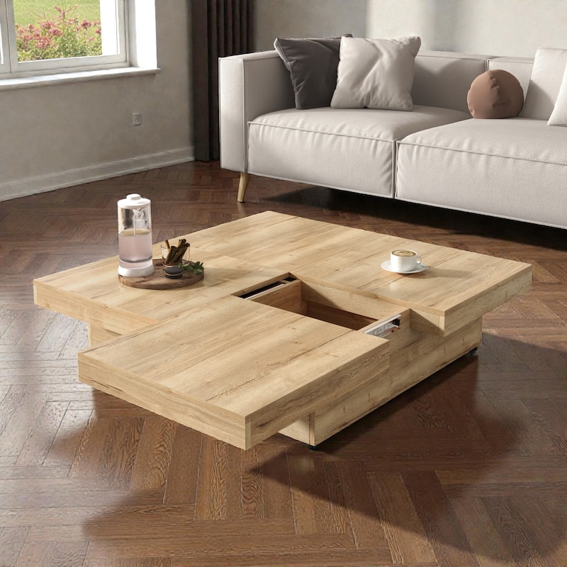 Square Sliding Top Coffee Table with Storage, Modern Veneer Wood Coffee Table, Hidden Storage Center Table