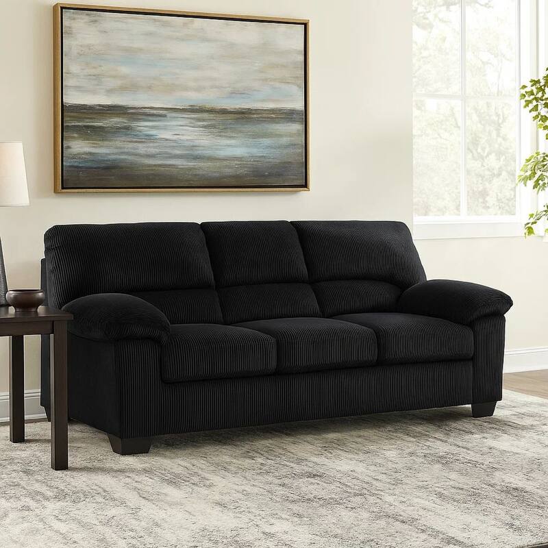 Simy Sofa, 83 Inch Black Polyester Corduroy, Modern Plush Pillow Arms