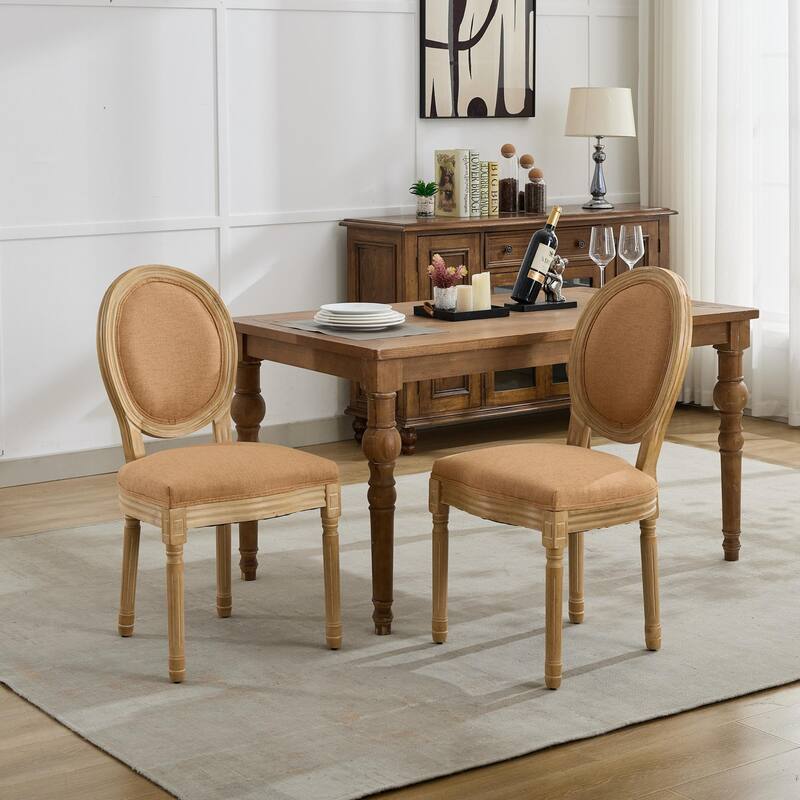 Kitchen Linen Dining Chair Set of 2, Wooden Frame Chair w/ Oval Backrest