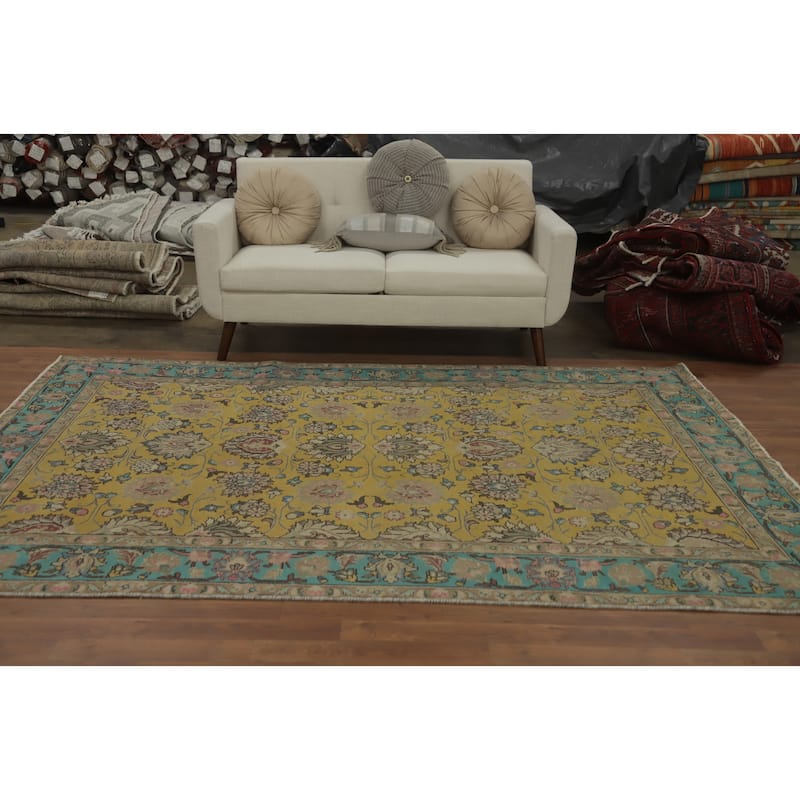 Hand Knotted Oriental 100% Wool Carpet Traditional Floral Yellow & Gold Tabriz Area Rug - 9' 0'' X 6' 4''