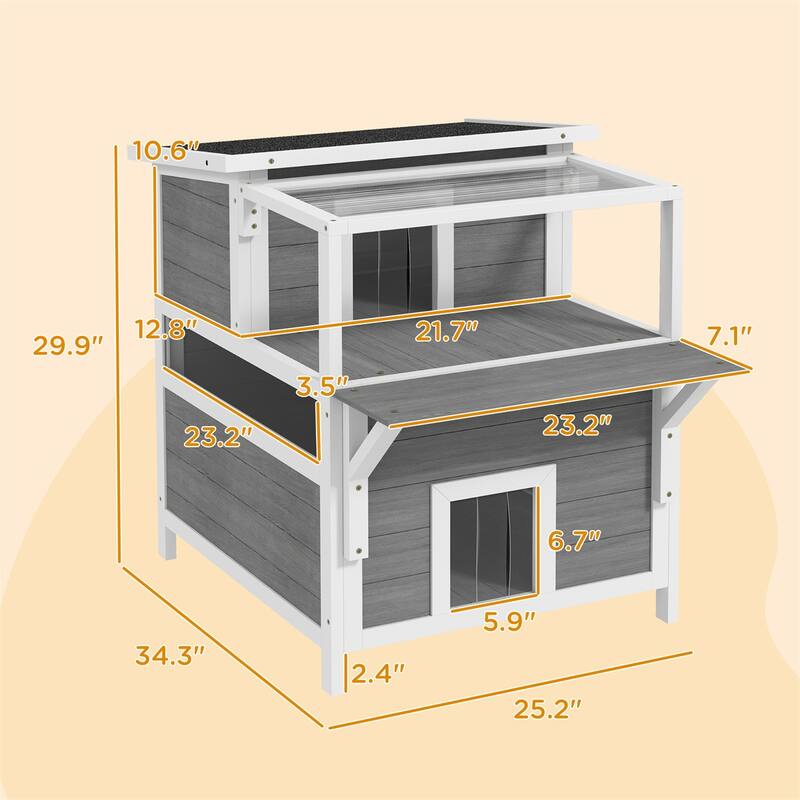 Fir Wood Cat House Indoor Outdoor With Balcony And Observation Window - 25.2" W x 34.3" D x 29.9" H