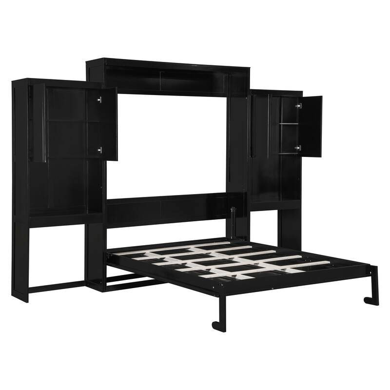 Queen Murphy Bed with Fold-Out Desk, Flip-Up Vanity Mirror, and Storage Cabinets, Space-Saving Design