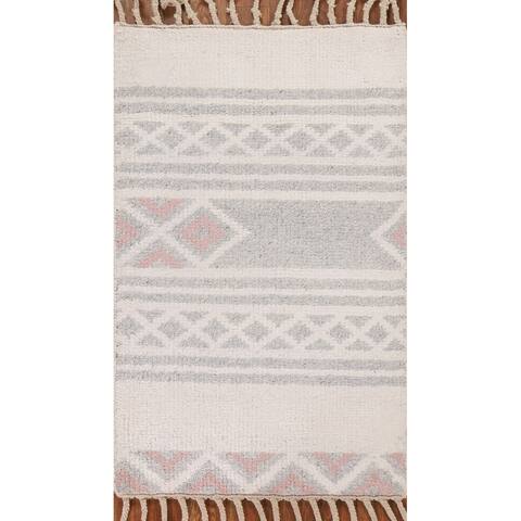 Grey/ Ivory Geometric Moroccan Wool Rug Hand-knotted Foyer Carpet - 2'0" x 3'0"