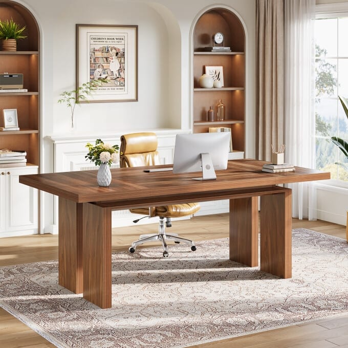 63-Inch Office Computer Desk, Mid-Century Modern Wooden Executive Desk
