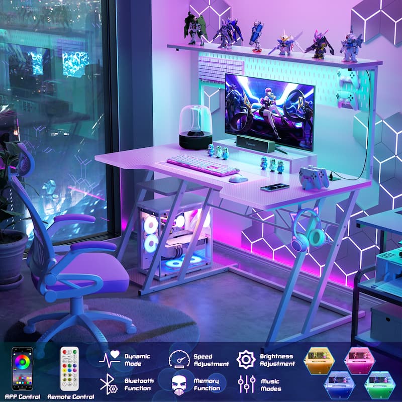 Gaming Desk with Hutch and LED Lights, Computer Table with Storage Shelves