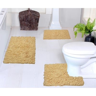 Bell Flower Collection 100% Cotton Non-Slip Bathroom Rug Set, 3 Piece Machine Washable- Bathroom Rug, Bath Rug, U Shaped Contour