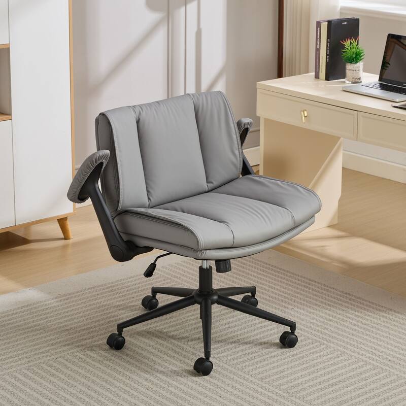 Cross Legged Office Chair on Wheels with Flip-Up Armrests Leather and Wide Seat
